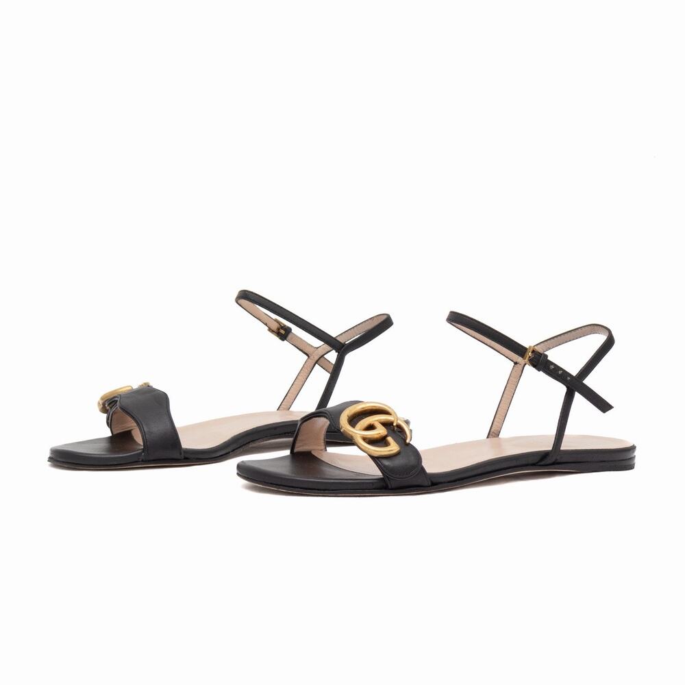 Gucci Black Leather GG Marmont Ankle Strap Flat Sandals Size 35 US 5 - Picture 5 of 16